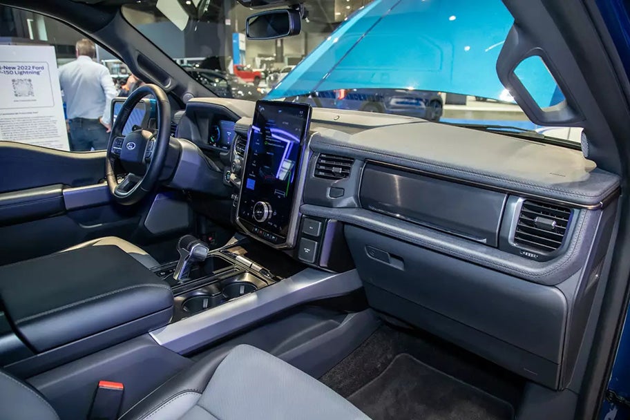 Interior of a Ford F-150 Lightning Lariat EV truck