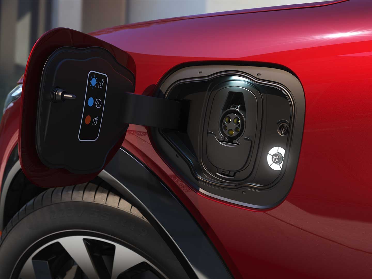 Shot of the charging port of a Ford Mach-E, which is an electric vehicle